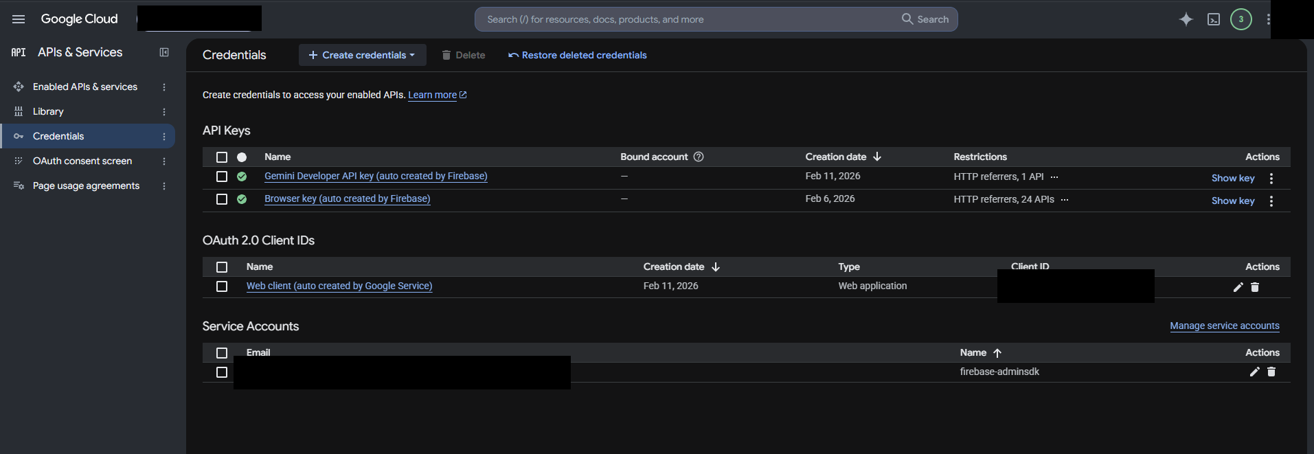 Google Cloud 사용자 인증 정보 화면. API 키에 Gemini Developer API key와 Browser key 두 개가 보임. 프로젝트 이름, 클라이언트 ID, 서비스 계정 이메일은 가림 처리