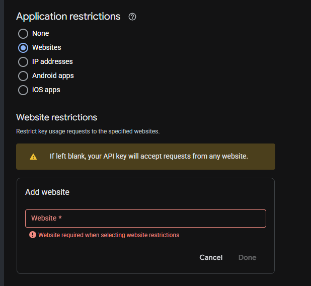 Browser key의 Application restrictions에서 Websites를 고르고 Add website 입력칸을 연 화면