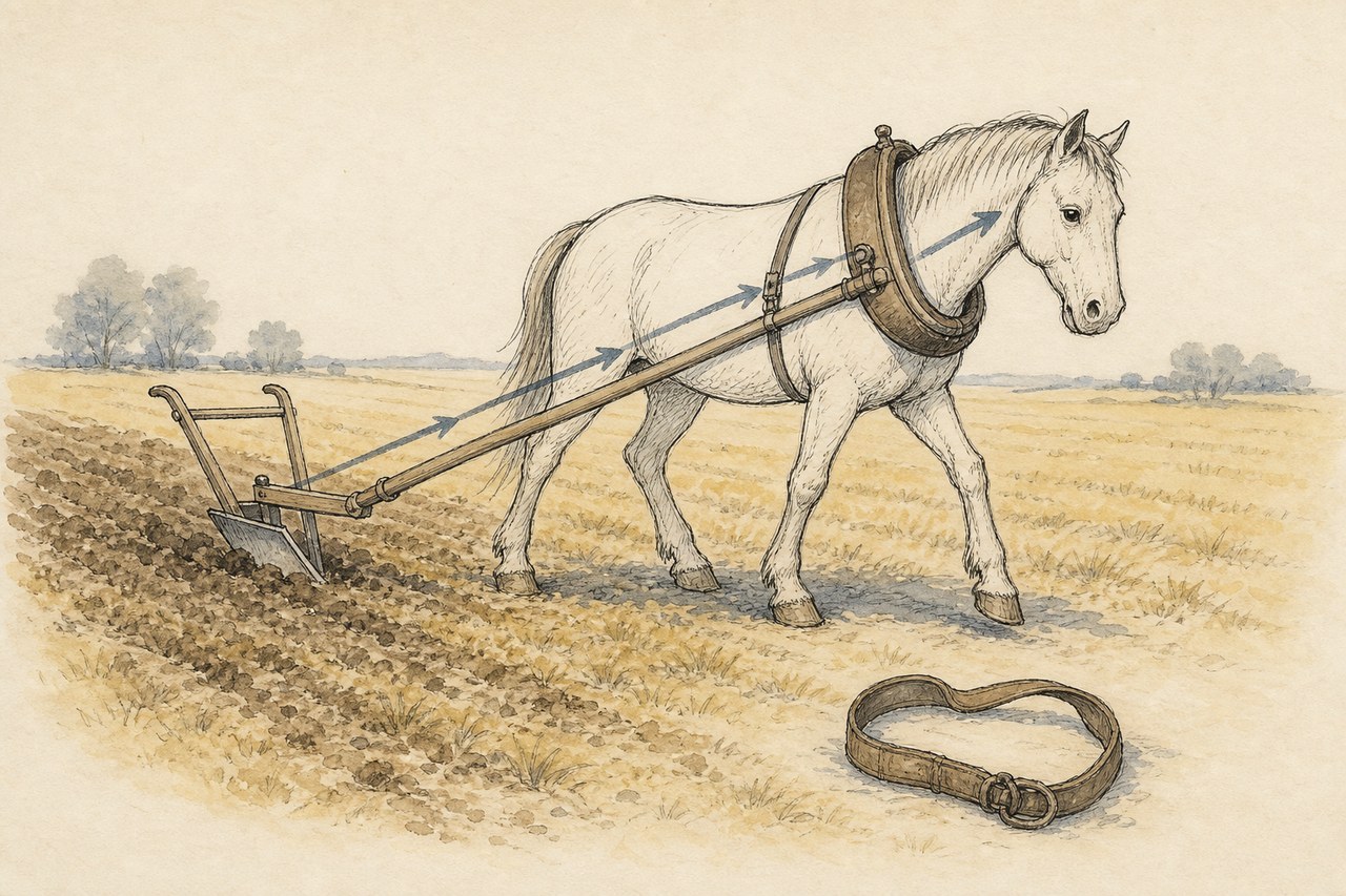 A horse and a shoulder harness
