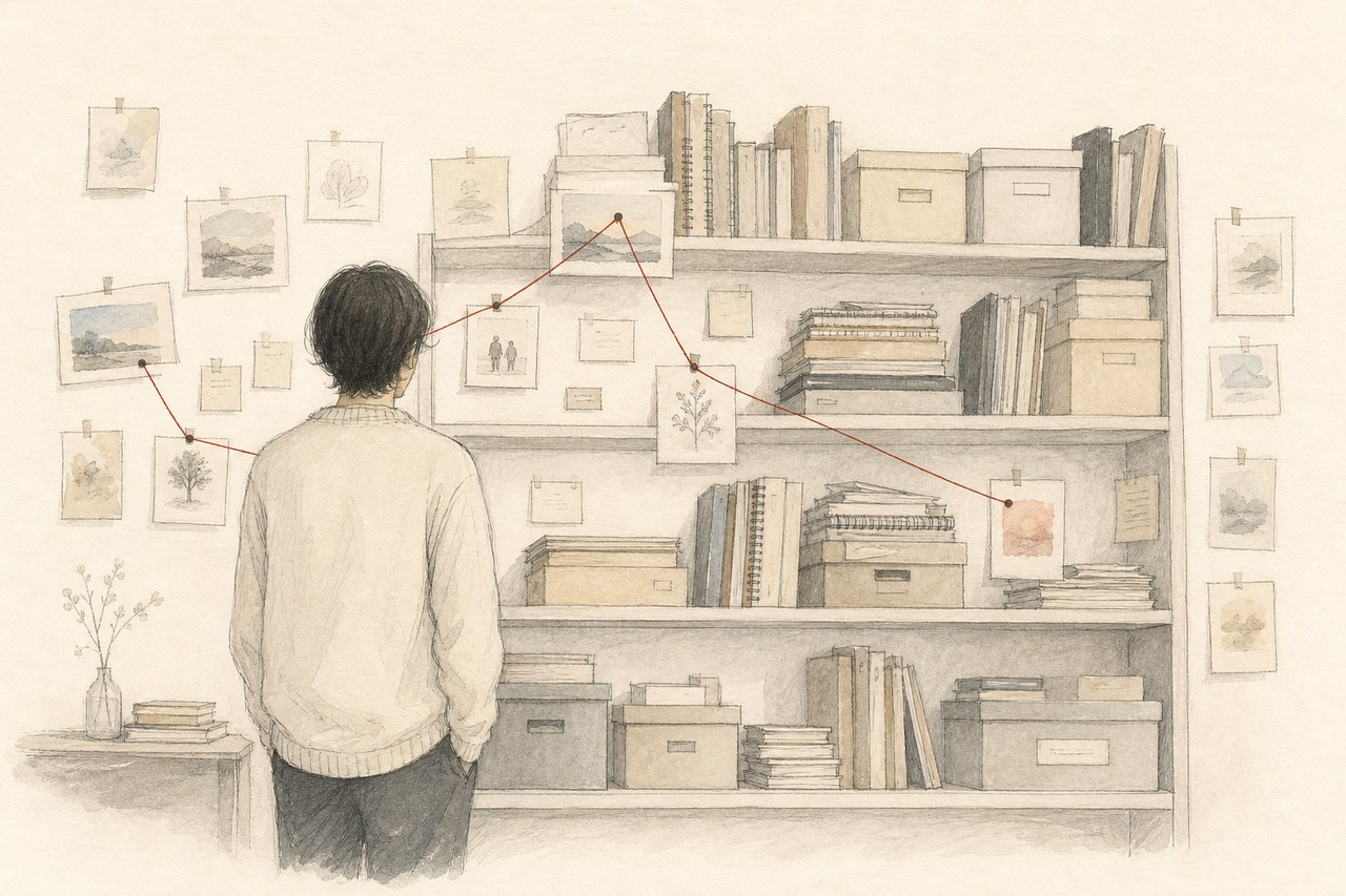 Scattered records connected by thread