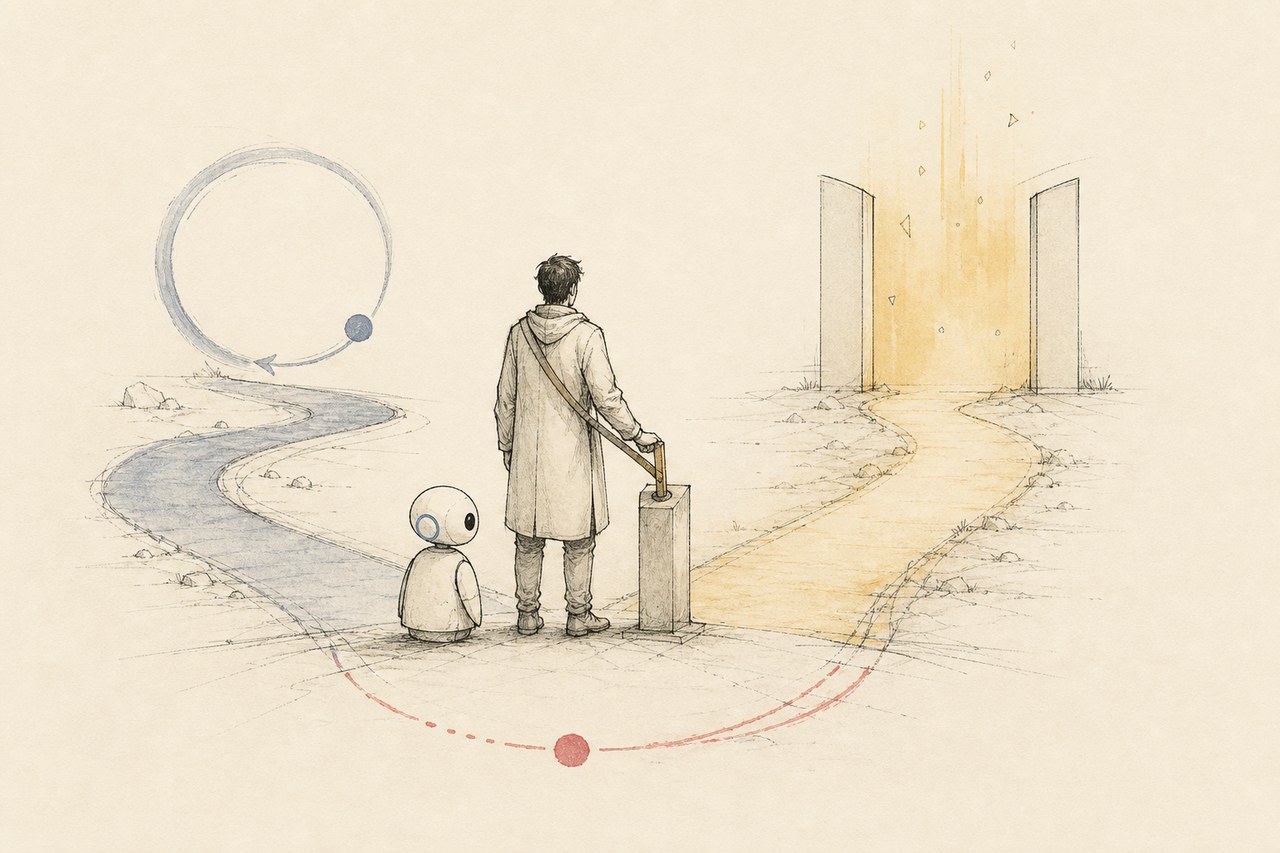 A human and a small AI at a threshold