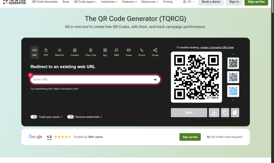 QR 생성 도구 첫 화면. URL 유형이 선택되어 있고 Enter URL 칸에 빨간 1번 표시가 있다.