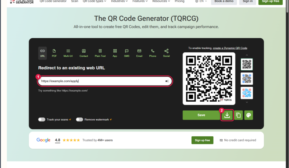 URL 칸에 데모 주소가 입력되고 QR 미리보기와 다운로드 버튼(빨간 2번)이 활성화된 화면