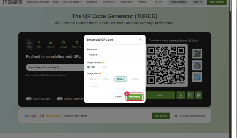 Download QR Code 창. PNG와 1000px가 선택되어 있고 Download 버튼에 빨간 2번 표시가 있다.