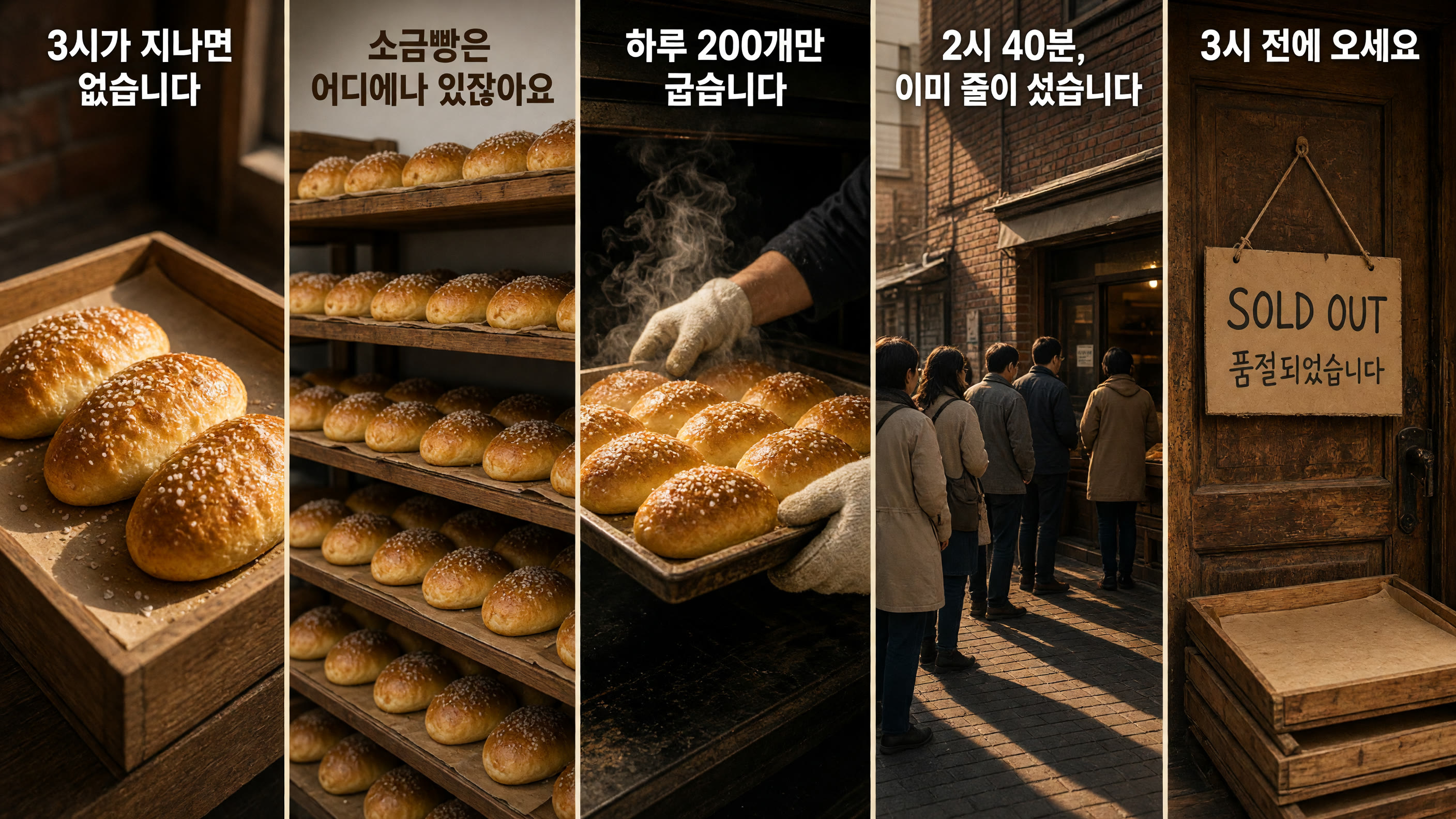 소금빵 카드 5장을 스토리 순서로 늘어놓은 결과물