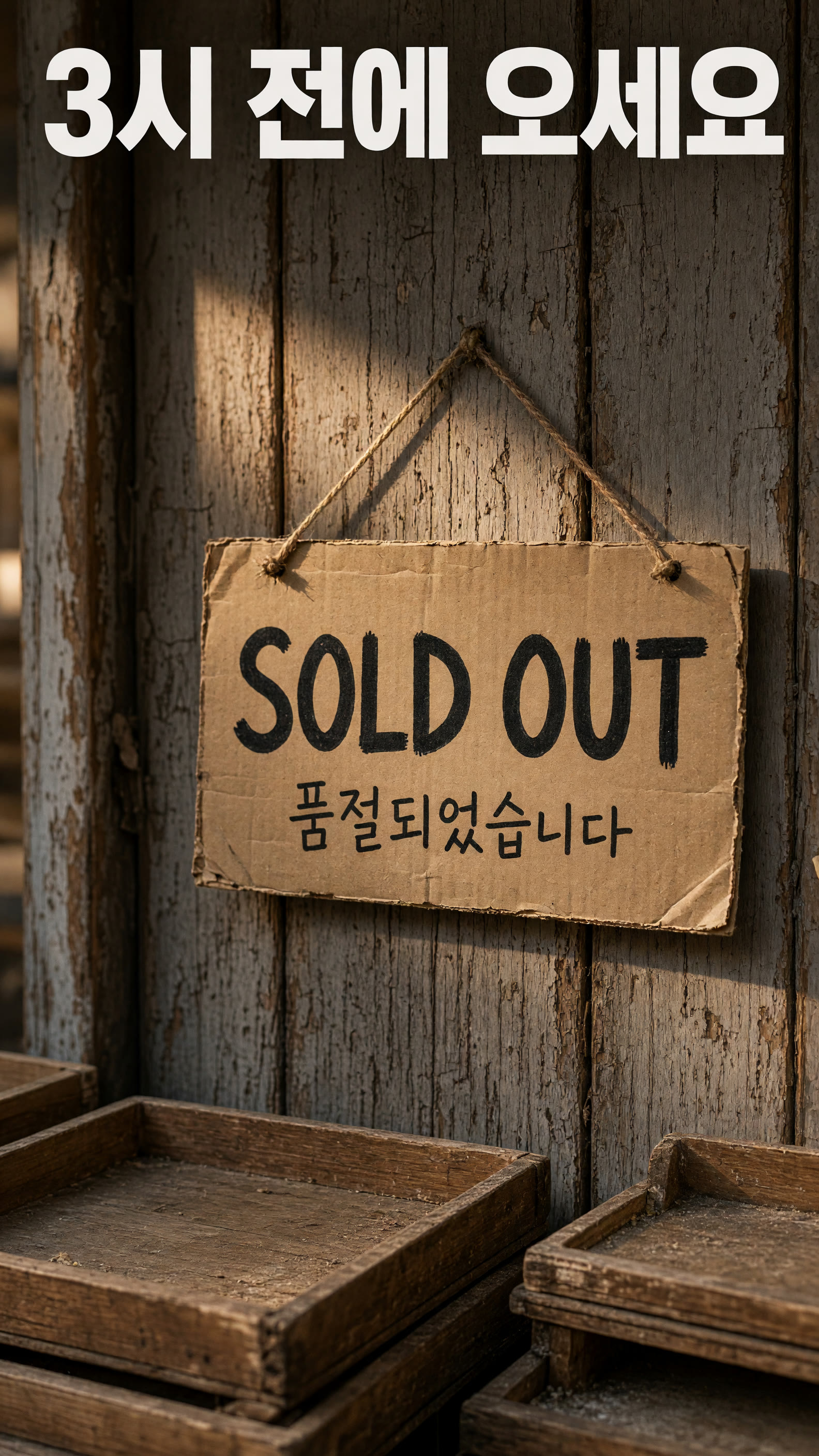 나무문에 걸린 품절 팻말. 행동 카드.