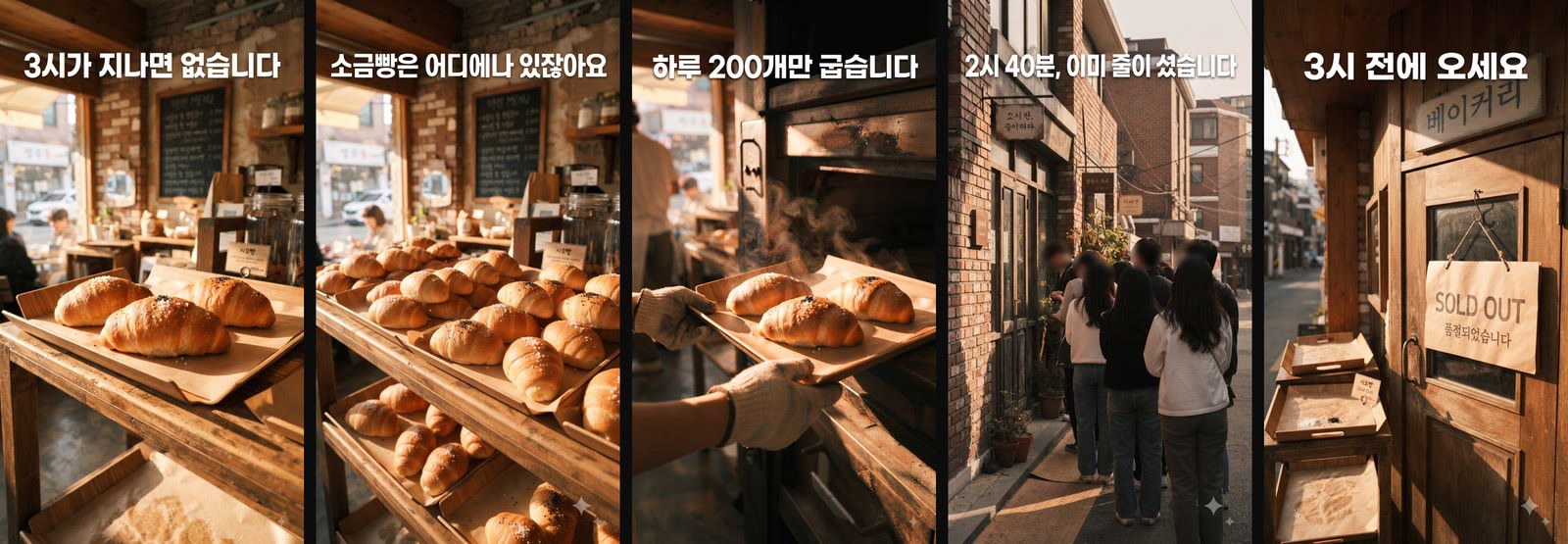 완성 카드 다섯 장을 한 줄로 붙인 스트립
